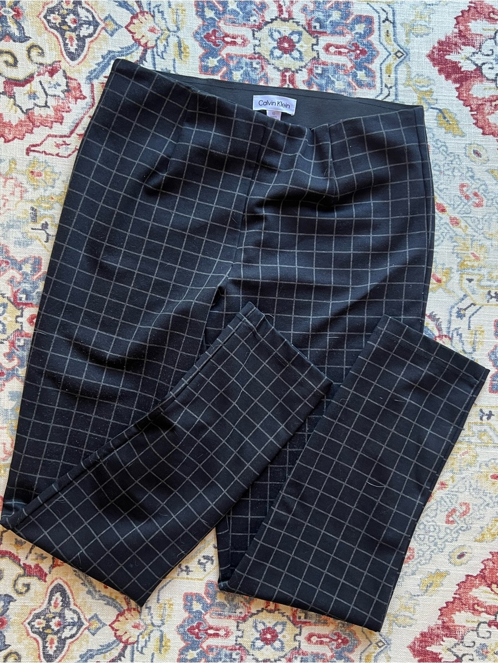 Calvin Klein Black Windowpane Check Pull On Trousers Size 10 Ponte Work Pants